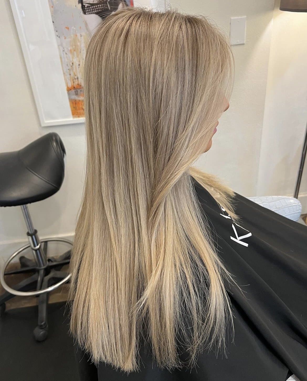 Sleek, straight blonde hair with fine highlights, from behind